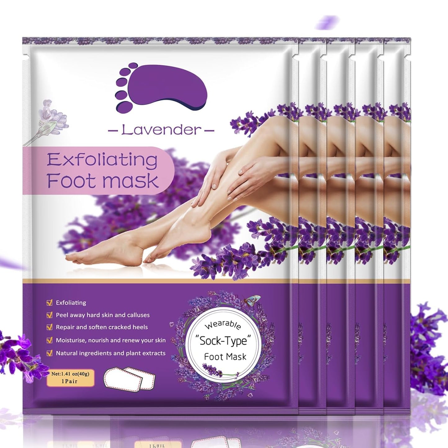 Foot Peeling Mask 5 Pack, Moisturizing Socks for Dry Foot Care, Hydrating Feet Peel Masks Repair Dry Cracked Heels, Remove Dead Skin,Callus - Women Men (Lavender)-Velvo Beauty