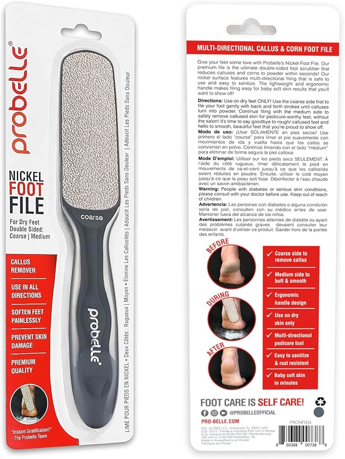 Probelle Double Sided Multidirectional Nickel Foot File Callus Remover - Immediately Reduces calluses and Corns to Powder for Instant Results, Safe Tool (Dark Grey)-Velvo Beauty