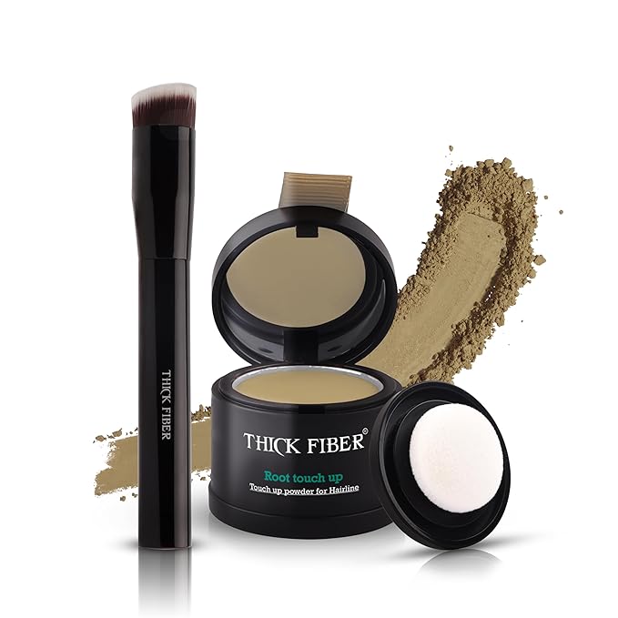 THICK FIBER Root Touch Up and Hairline Concealer - Water & Sweat Resistant Hair Loss Cover for Thinning Hair Women, with Powder and Brush (Medium Blonde)-Velvo Beauty