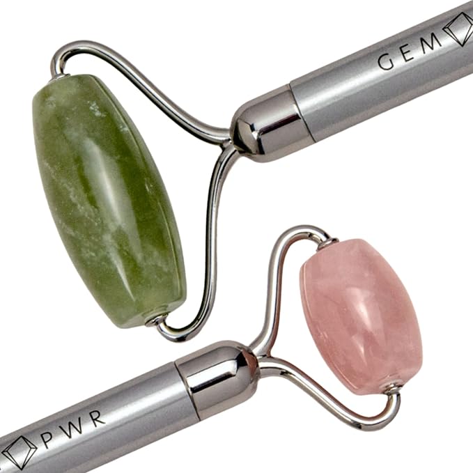 Rose Quartz + Jade Roller for Face and Neck Massage, Dual Gemstones with Durable Steel Handle and Travel Bag. Minimize Wrinkles, Reduce Puffiness and Restore Skin's Elasticity and Radiance-Velvo Beauty