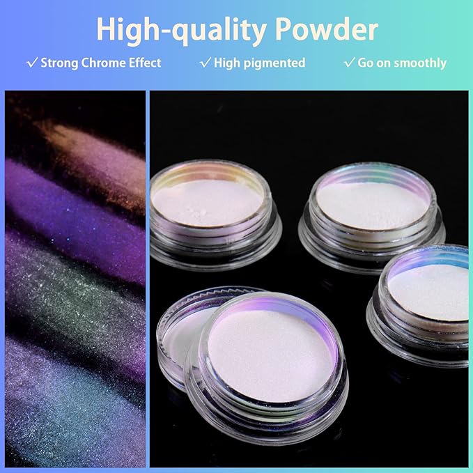 Allstarry White Chrome Nail Powder, 4 PCS Color-Shift Chameleon Chrome Effect Powder Neon Aurora Glitter Dust Iridescent Pearlescent Pearl Pigment for Nail Art Decoration, Gel Polish, Resin Craft-Velvo Beauty