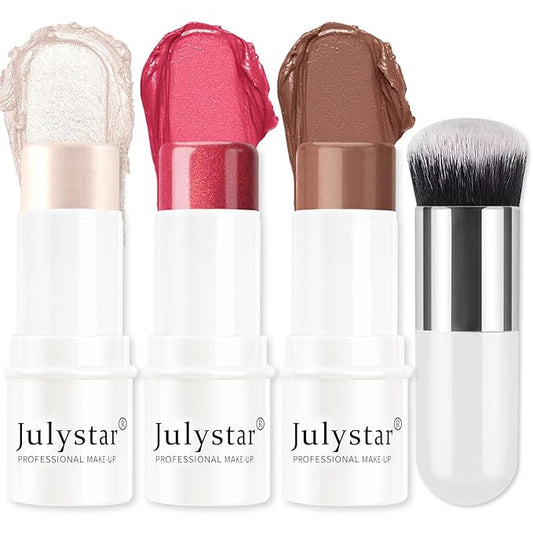 3Pcs Cream Contour Stick Makeup Set, Cream Bronzer Blush Highlighter Stick for Cheeks Eyes Lips, Long Lasting Waterproof Blendable Dewy Finish Face Stick Trio Wand for All Skin (1+3+6)-Velvo Beauty