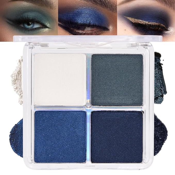 evpct Eyeshadow Quad Palette, White Cyan Royal Dark Blue Green Glitter Shimmer Metallic Matte High Pigment Mini Eye Shadow Palette Makeup for older Women, Smudge Proof Vegan Cruelty-free Night Mayhemt-Velvo Beauty