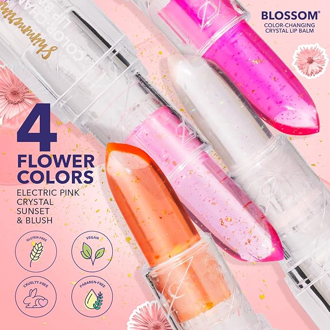 Blossom Moisturizing Color Changing Shimmering Lip Balm Sparkle Lip Stain Tint, Infused with Real Flowers, 3g, Electric Pink-Velvo Beauty