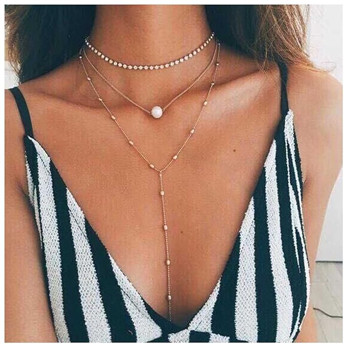 Bohemia Layered Y Lariat Choker Necklace Long Rhinestone Tennis Chain Necklace Floating Pearl Choker Necklace Gold Y Drop Necklace Chain Jewelry for Women and Girls-Velvo Beauty
