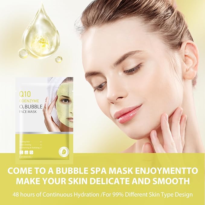 10 Sheets Coenzyme Q10 O2 Bubble Masks for Face, Bubble Face Mask Skincare for All Skin Types, Deep Cleansing Moisturizing Facial Mask Skin Care for Pores, Firming, Purifying, Sheet Masks for Spa-Velvo Beauty