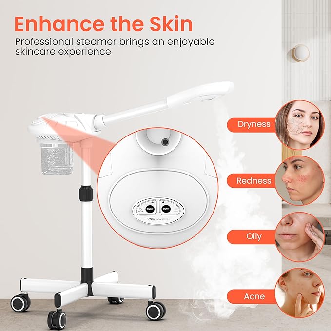 TASALON Professional Facial Steamer with Ozone, Vapor ozono Facial Steamer Professional for Clean Skin, Firm Pores, Esthetician Steamer for Home or Salon Use, Adjustable Height and Angle,White-Velvo Beauty