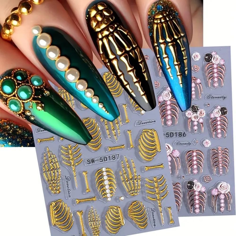 2 Sheets 5D Embossed Skull & Bone Nail Decals for Nail Art Self-Adhesive Halloween Nail Stickers Pink Hand Bone Rose Flower Nail Art Stickers Scary Gold Bones Design Decals for Women Nail Accessories-Velvo Beauty