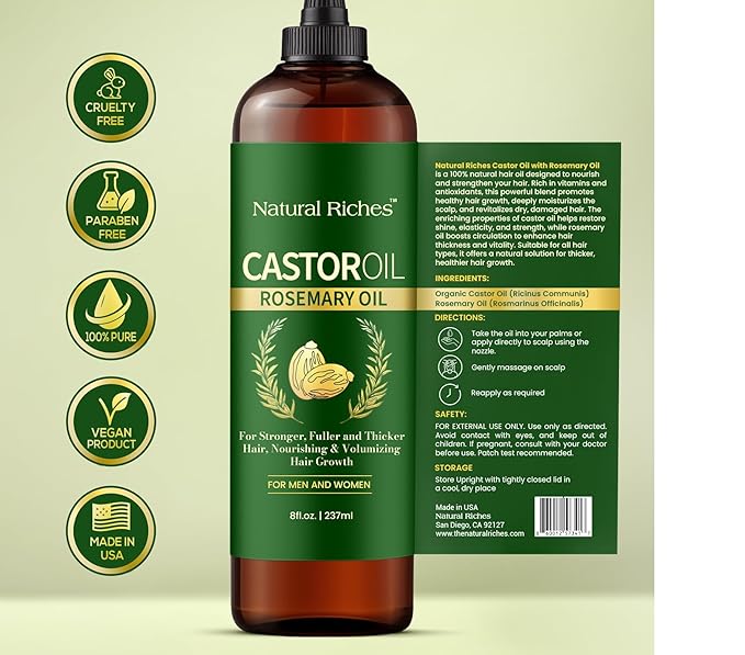 Natural Riches Castor Oil with Rosemary Oil, 8 fl oz, For Stronger, Fuller and Thicker Hair Growth - Organic Castor Oil with Rosemary Oil Premium Grade hair treatment-Velvo Beauty
