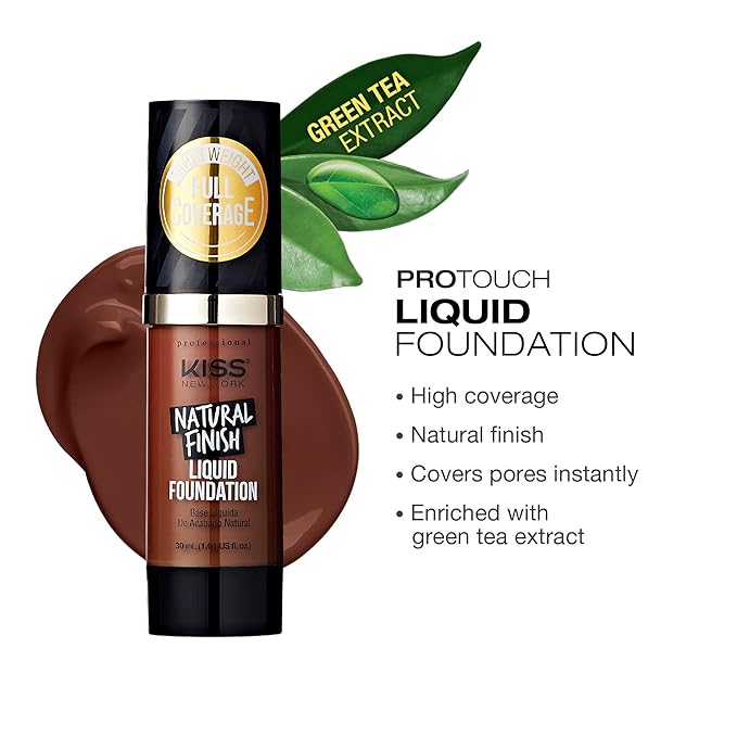 Kiss New York Professional Liquid Foundation - Lightweight and Hydrating Formula, Natural Finish, Control Shine, Cover Pores, Medium to Full Coverage, Green Tea Extract (Chestnut)-Velvo Beauty