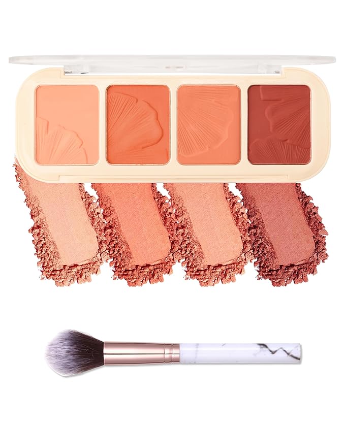Matte Face Blush Palette Kit with Brush-4 Colors Pink Purple Orange Silky Mineral Blendable Blusher Contour Powder for Cheeks,Longlasting Professional Facial Beauty Makeup Gift for Women Girl-Set 02-Velvo Beauty