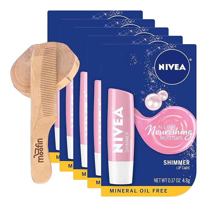 Nivea Lip Balm Shimmer Lip Care, 0.17 Oz Stick For Soft, Radiant Lips, Long-Lasting Hydration With Pearly Shimmer, Mineral Oil-Free, Lip Balm Hydrating - Bundles With Wooden Comb, [Pack Of 5]-Velvo Beauty