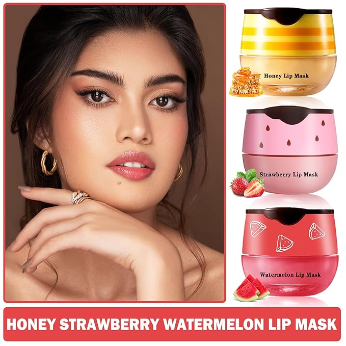 3PCS Bee Lip Balm Honey Pot Honey Strawberry Watermelon Lip Balm Sleeping Lip Mask Silky Hydrating Bee Lip Balm Honey Lip Mask Overnight Lip Care Products(Honey+Strawberry+Watermelon)-Velvo Beauty