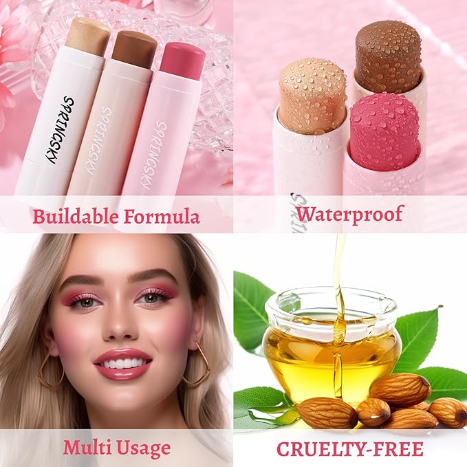 3Pcs Multi-Use Face Makeup Sticks Sets, Blendable Cream Blush Stick For Cheeks Lips, Highlighter Contour Shading Sticks Moisturizer Make Up Sets For Women (01)-Velvo Beauty