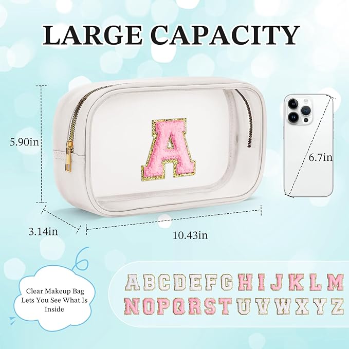 YOOLIFE Initial Make Up Bag Travel Toiletry Bag, Clear Makeup Bag Preppy Cosmetic Bags Organizer Travel Essentials Gifts for Women Teen Girlfriend Teacher Mom Brithday Mothers Day Gifts, Large, White-Velvo Beauty