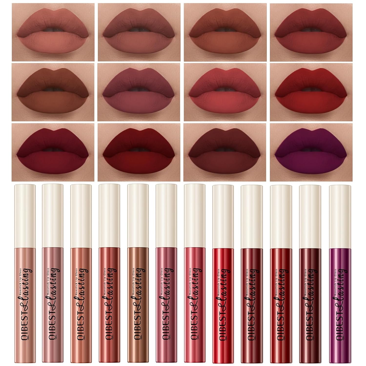 12Pcs Matte Liquid Lipstick Set for Girls & Women, 24 Hours Long Lasting Waterproof Nude & Dark Red Lip Gloss Makeup Kits, Velvet Non-Stick Cup Mate Duracion 24 Horas Originales Lip Stains (Set 03, 1)-Velvo Beauty