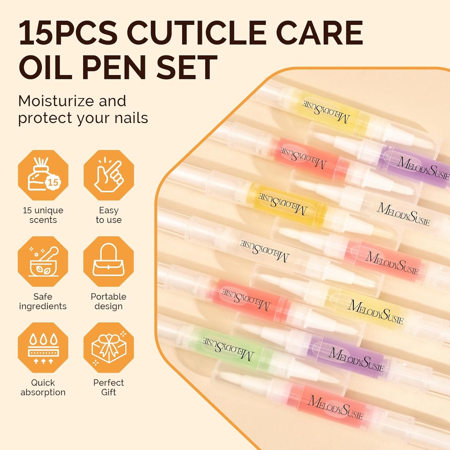 MelodySusie 15Pcs Cuticle Oil Pen Set,Nail Moisturizing Cuticle Oil Enriched with Vitamin E,Softens and Repairs cuticles,Nail Strengthener,Protects Damaged Skin,Thin Nails-Velvo Beauty