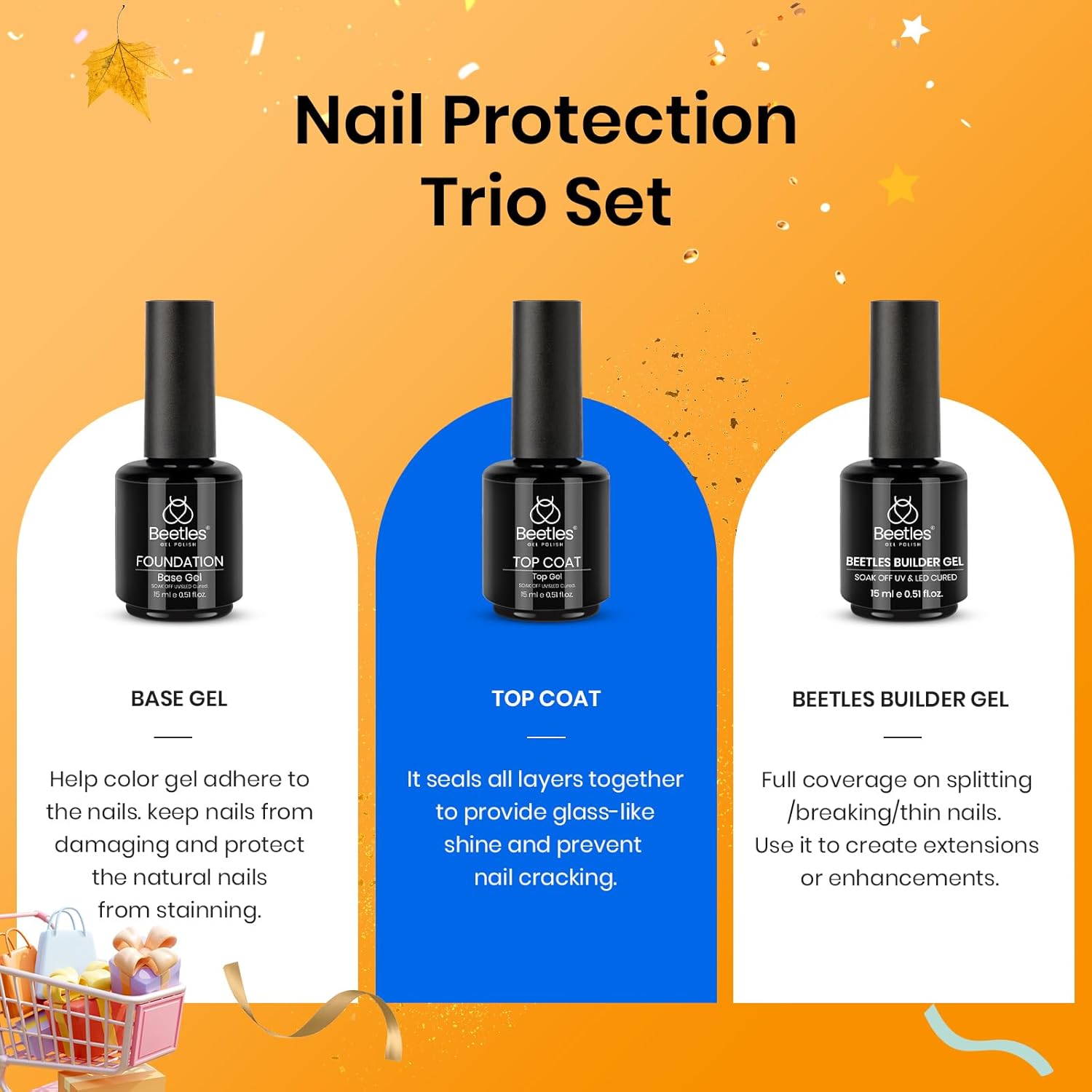 Beetles 3Pcs 15ml Builder Nail Gel with No Wipe Top Coat Gel Nail Polish and Base Coat Halloween Set for Nails Shine Finish and Long Lasting Nail Protection UV/LED Lamp Needed Gift for Women-Velvo Beauty