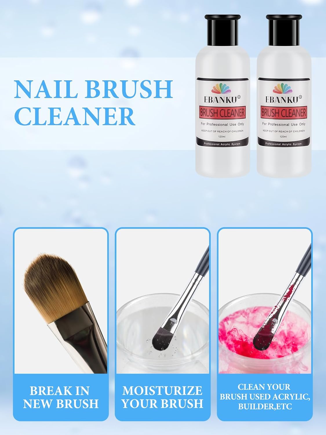 EBANKU 120ml Acrylic Nail Brush Cleaner, 3 in 1 Nail Art Brushes Conditioner Nail Brush Clean Solution Quickly Clean With Glass Cup and Scrub Brush for Solid Gel Polish/Nail Extension Gel-Velvo Beauty