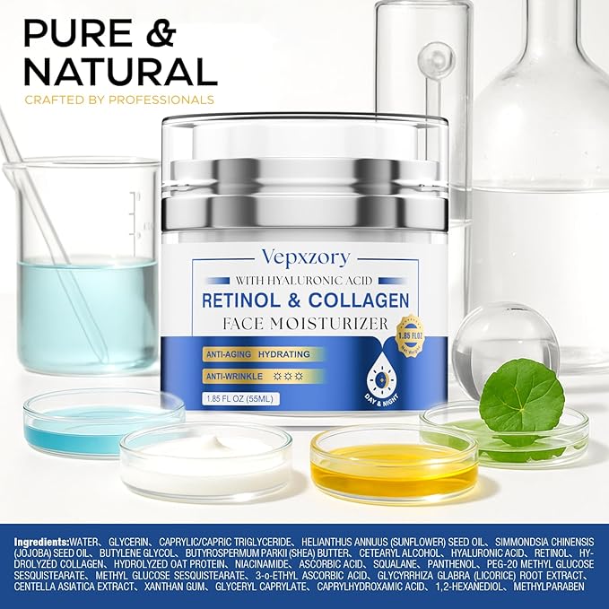 Face Moisturizer Retinol Cream For Face, Collagen Anti Aging Face Cream, Day-Night Neck Cream With Hyaluronic Acid, Wrinkle Cream For Women & Men Reduces Wrinkles, Dryness, 1.85 Fl. Oz-Velvo Beauty