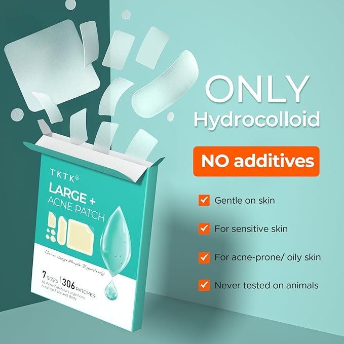 Large Acne Patches for Face, 7 Sizes Big Pimple Patches, XL Hydrocolloid Bandages for Body, Chin, Forehead, Nose, Back Blemish Zit Breakouts, Hydrocolloid Patch (Square, Strip, Dot 306 Count)-Velvo Beauty