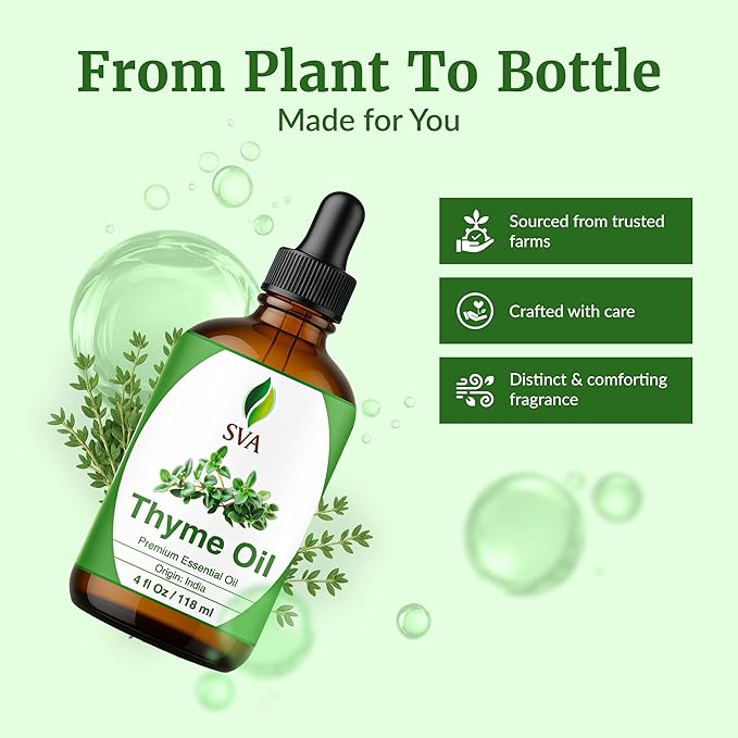 SVA Thyme Essential Oil – 4 Fl Oz – 100% Natural Thyme Oil - for Diffuser, Hair Care, Face, Skin Care, Aromatherapy, Scalp and Body Massage, Soap and Candle Making – with Dropper-Velvo Beauty