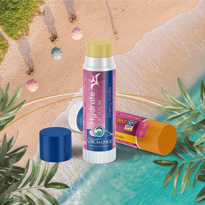 STREAM 2 SEA Cherry Vanilla Lip Balm, Reef Safe SPF 30 and Hydrate Organic Lip Balm Set, Moisturizing Indoor + Sun Protect Outdoor Lip Balm For Beach and Sports, Paraben Free Lip Moisturizer-Velvo Beauty