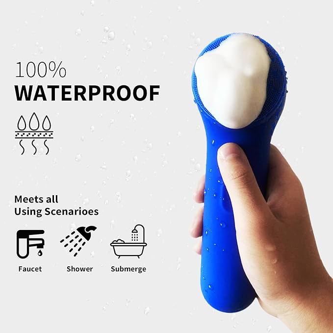 Premium Face Scrubber, Deep Pore Cleansing Brush, Waterproof & Rechargeable Face Scrub Brush for Men& Women, Electric Facial Exfoliator with 3 Brushes, 3 Intensities, 2 Modes with Eye Rollor - Azure-Velvo Beauty