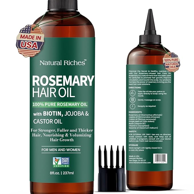 Natural Riches 100% Pure Premium Rosemary Oil For Hair Growth Infused With Biotin & Vitamin E Jojoba & Castor Oil Hair Strengthening Treatment | Nourishing & Volumizing | Non GMO Verified 8 Fl oz.-Velvo Beauty