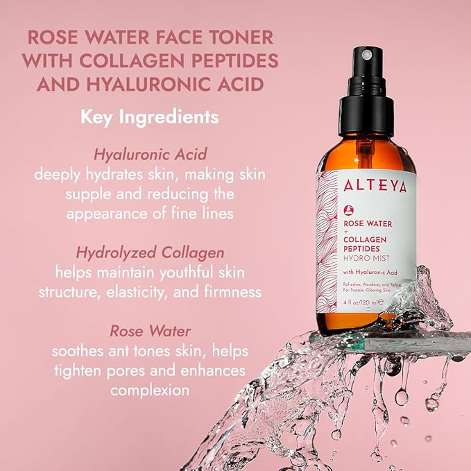 Alteya Organics Rose Water Face Toner – With Collagen Peptides & Hyaluronic Acid – Hydrating Facial Mist for Anti-Aging, Firming & Radiant Skin – 4 Fl Oz / 120mL-Velvo Beauty