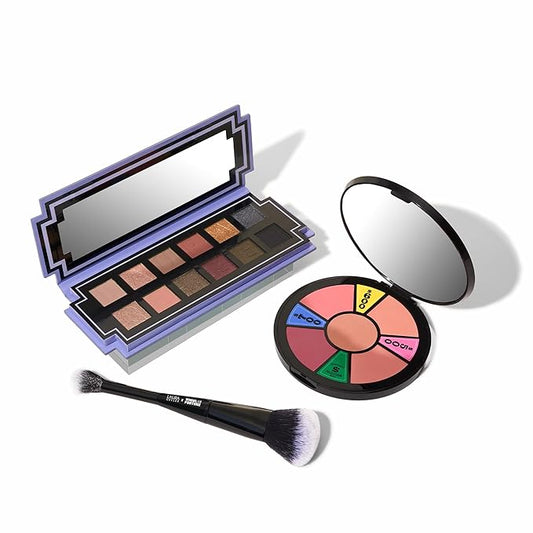 LAURA GELLER NEW YORK Wheel fo Fortune Eye and Cheek Palette Kit - Prizewinnig Eyes Eyeshadow Palette + Face the Day Blush Palette + Dual-Ended Brush-Velvo Beauty