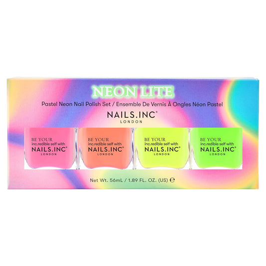 Nails Inc Neon Lite Nail Polish Quad, Neon Glow Enhancing Shades, Fast Drying, Long Lasting, Chip Resistant, Air Dry Manicure,Vegan, Cruelty Free, 4 Piece Set-Velvo Beauty