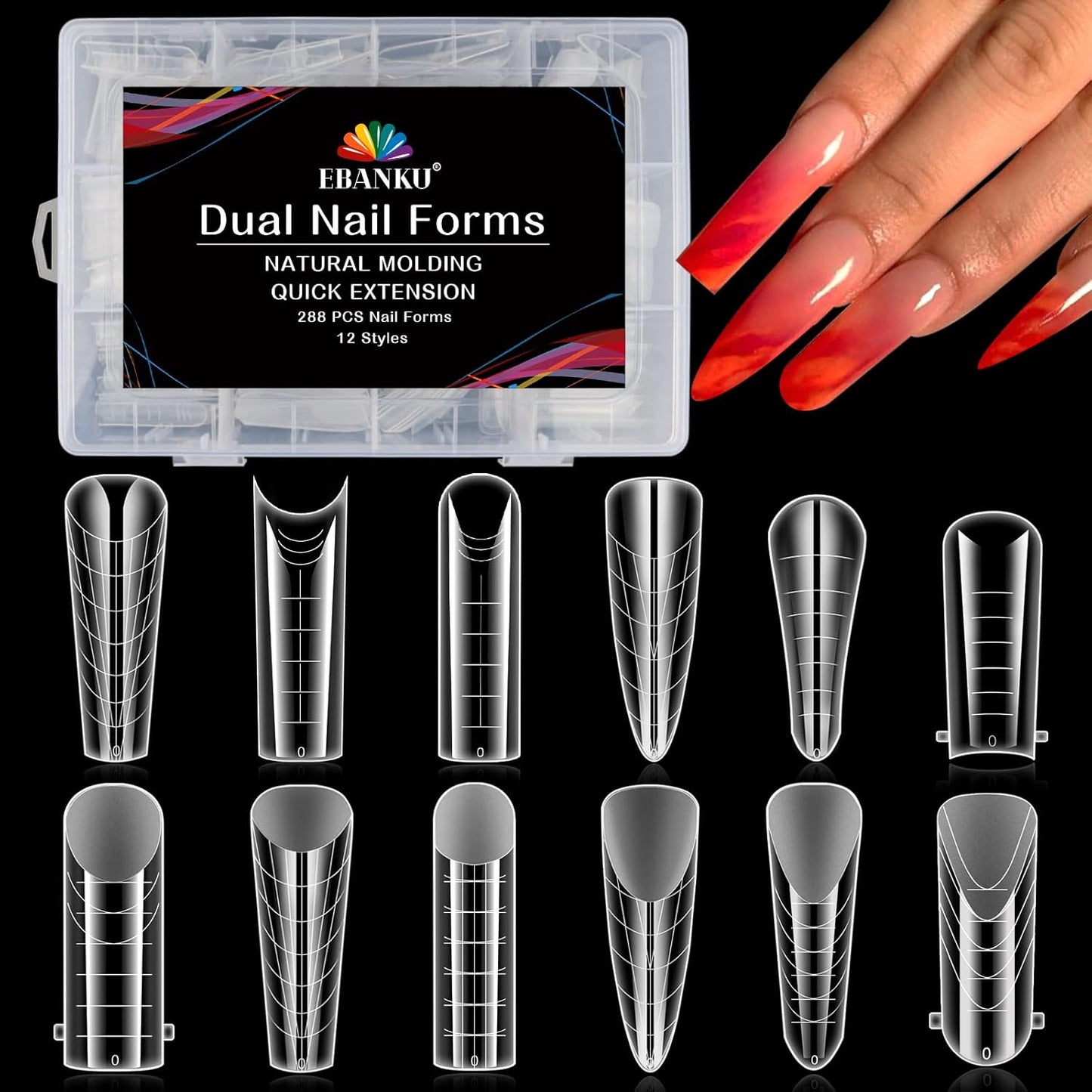 EBANKU Dual Forms for Poly Nail Gel 288PCS Dual Nail Forms Molds Stiletto Coffin Ballerina Acrylic Nail Tips 12 Shapes for Builder Gel Manicure Nail Art Design Salon DIY at Home-Velvo Beauty