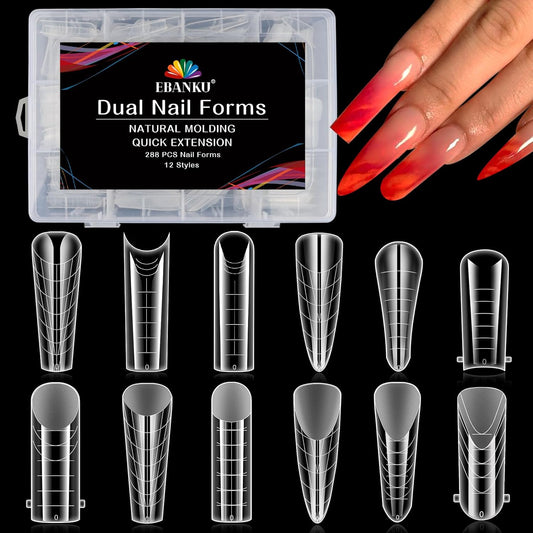EBANKU Dual Forms for Poly Nail Gel 288PCS Dual Nail Forms Molds Stiletto Coffin Ballerina Acrylic Nail Tips 12 Shapes for Builder Gel Manicure Nail Art Design Salon DIY at Home-Velvo Beauty