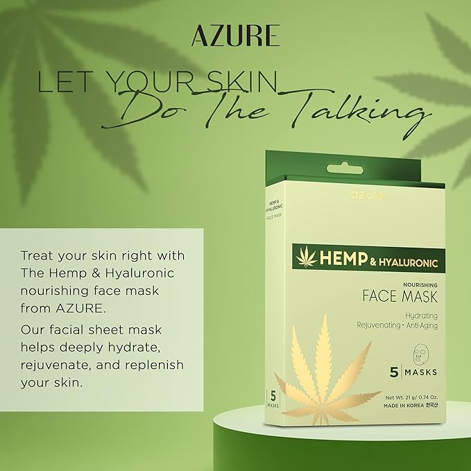 Azure Cosmetics Hemp Oil & Hyaluronic Acid Nourishing Facial Sheet - Anti Aging, Rejuvenating & Deeply Hydrating Mask - Reduces Fine Lines & Wrinkles, Locks in Moisture - Korean Skin Care - Pack of 5-Velvo Beauty