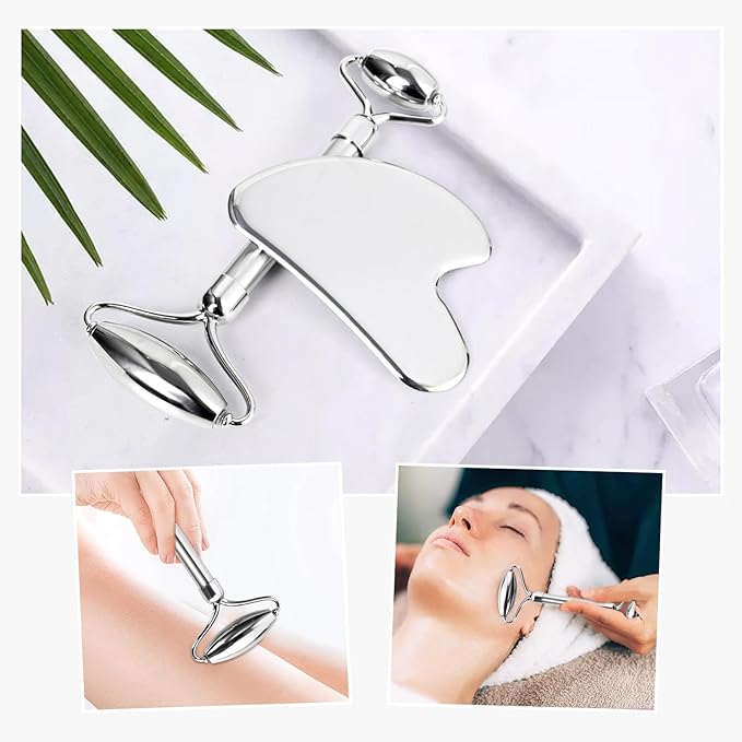 ONLYSKY BEAUTY Face Roller Gua-Sha Set Facial Roller kit for Face Skincare, Stainless-Steel Stone Sculpting Tool, Massager Roller for Skin Care,Gift for Men and Women-Velvo Beauty