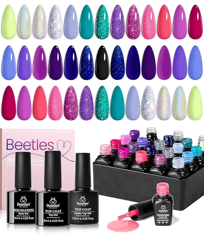 Beetles 20 Colors Gel Nail Polish Kit Midnight Euphoria Collection 23 Pcs Purple Blue Hot Pink Glitter Gel Polish Set Rainbow Soak off Uv Glossy & Matte Top Base Coat Gift for Women-Velvo Beauty