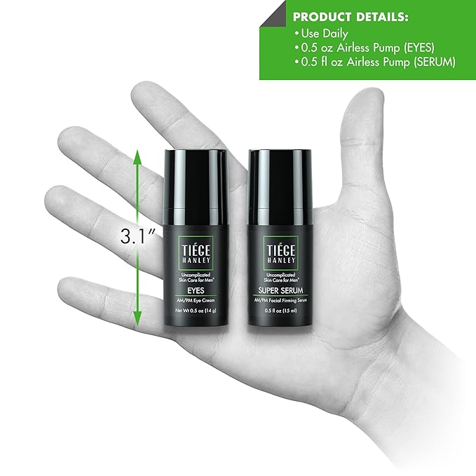 Tiege Hanley Morning and Night Facial Firming Serum (SUPER SERUM) and Eye Cream (EYES) for Men | Anti-Aging Pack | Sodium Hyaluronate and Retinyl Palmitate for Tighter, Smoother Skin | Caffeine to Fight Dark Circles | 0.5 ounces each-Velvo Beauty