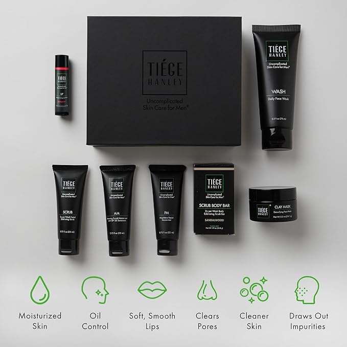 Tiege Hanley Mens Skin Care Gift Box Set, Silver - Men's Skincare Set Includes Face Wash, AM & PM Facial Moisturizer, Face Clay Mask & Scrub, Body Scrub Bar, & Moisturizing Lip Balm-Velvo Beauty
