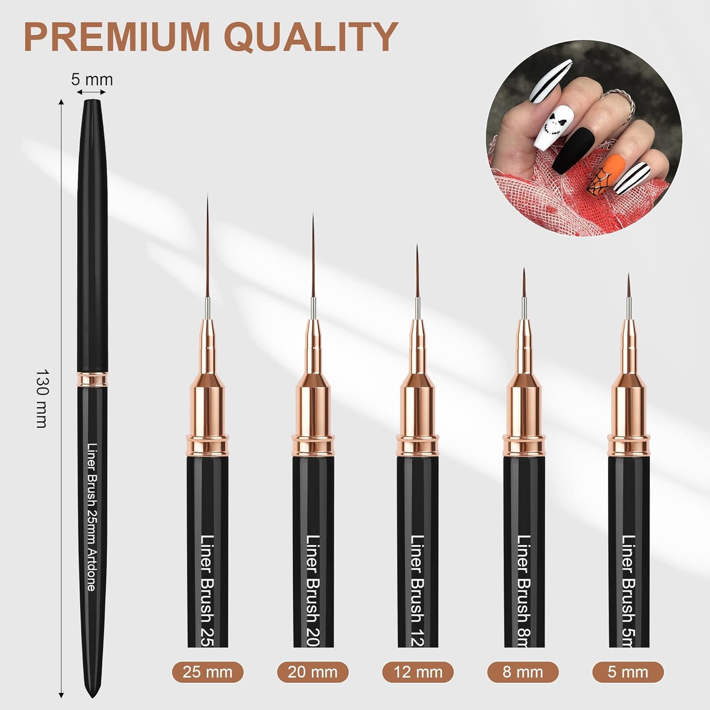 Artdone Metallic Nail Art Pens, Liner Brushes Set, 5PCS Black Color Nail Tools For Long Lines, Thin Details, Fine Drawing, Liner Brush UV Gel Polish Painting Nail Design Sizes 5/8/12/20/25mm-Velvo Beauty