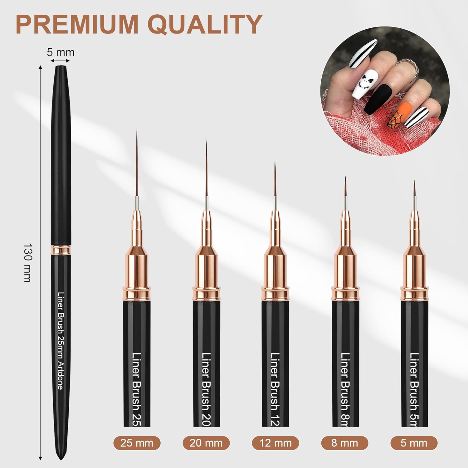 Artdone Metallic Nail Art Pens, Liner Brushes Set, 5PCS Black Color Nail Tools For Long Lines, Thin Details, Fine Drawing, Liner Brush UV Gel Polish Painting Nail Design Sizes 5/8/12/20/25mm-Velvo Beauty