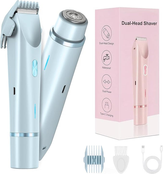Bikini Trimmer for Women-2 in 1 Electric Razors for Women,USB Rechargeable Bikini Electric Shaver,IPX7 Waterproof Dry & Wet Use Body Hair Trimmer and Facial Hair Remover for Underarm Leg Body,Blue-Velvo Beauty