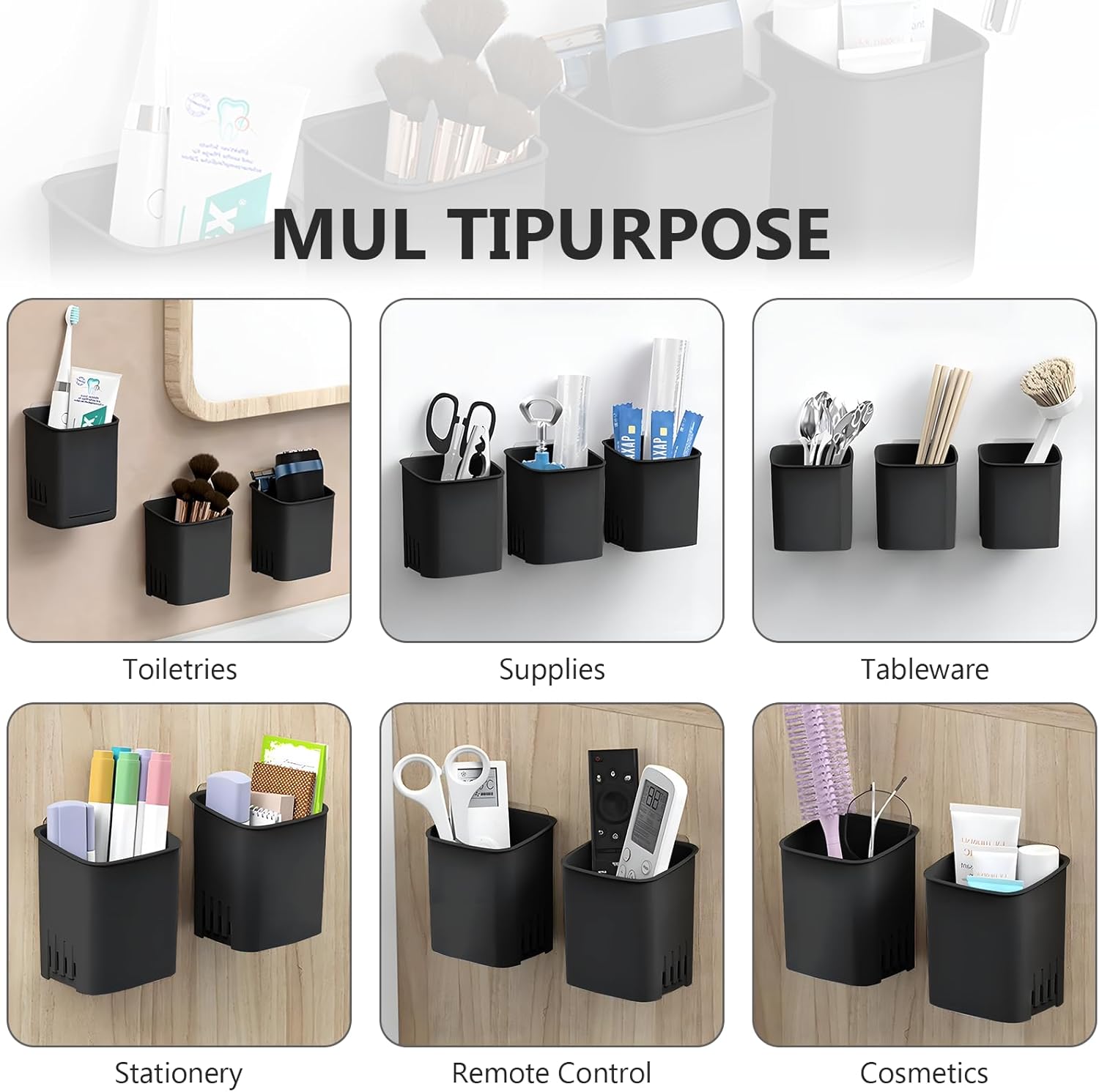 Toothbrush Holder Cup Wall Mounted Drill-Free for Bathroom Shower Electric Toothbrush Toothpaste Razor Holder Removable Waterproof Sturdy Self Draining, Tableware Holder for Kitchen(1pcs&Black)-Velvo Beauty