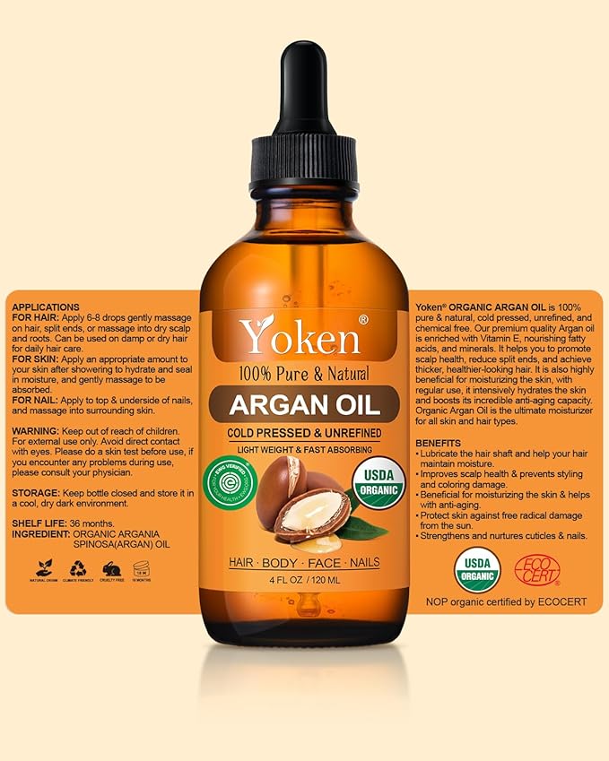 Yoken Organic Argan Oil for Hair 4 Fl Oz, USDA Pure and Natural Morocco Argan Oil, Argon Oil For Hair, Scalp, Face & Skin Care, 100% Cold Pressed Hair Conditioner, Unrefined Argon Nails Carrier Oil-Velvo Beauty