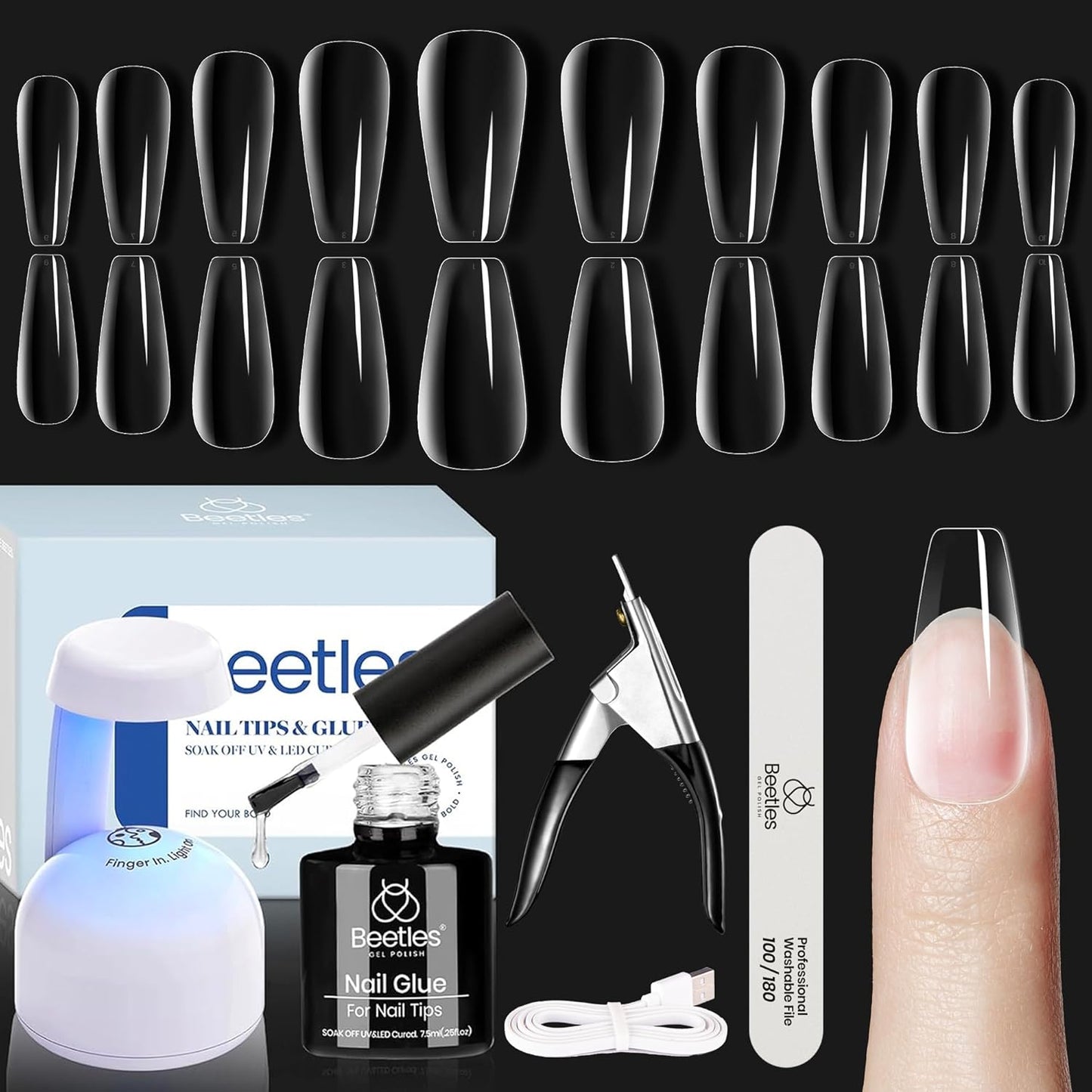 Beetles Soft Gel Nail Kit Medium Coffin Easy Nail Extension Set 5 In 1 Nail Glue Base Coat with Pre shaped Nail Tips and Led Nail Lamp Acrylic Nail Clipper Gifts for Women-Velvo Beauty