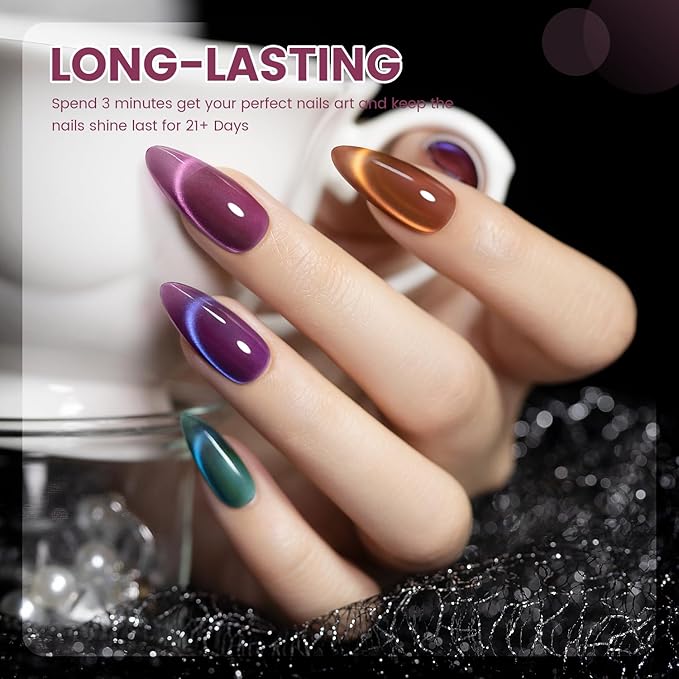 RARJSM Aurora Ceramics Glitter Glass Cat Eye Gel Nail Polish Set 6Pcs Pink Purple Brown Blue Green Shimmer Smoothie Cateye Colorful Galaxy Effect with Magnetic Stick UV LED Curing Require Home Salon-Velvo Beauty