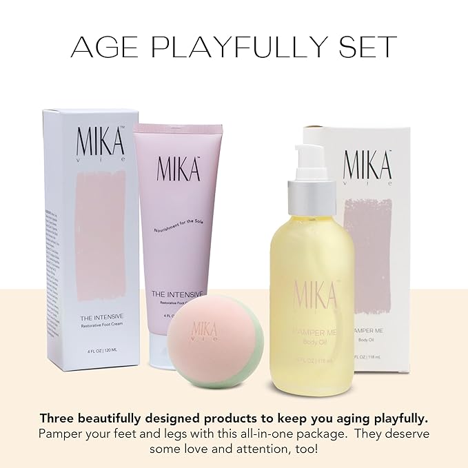 Age Playfully Bundle 3-Piece Luxury Gift Bundle for Women | Organic Body Oil+Foot Lotion for Dry Cracked Feet+Massage Ball for Feet and Muscle | Gift Idea for Women Over 40, Girlfriends | Clean Beauty-Velvo Beauty