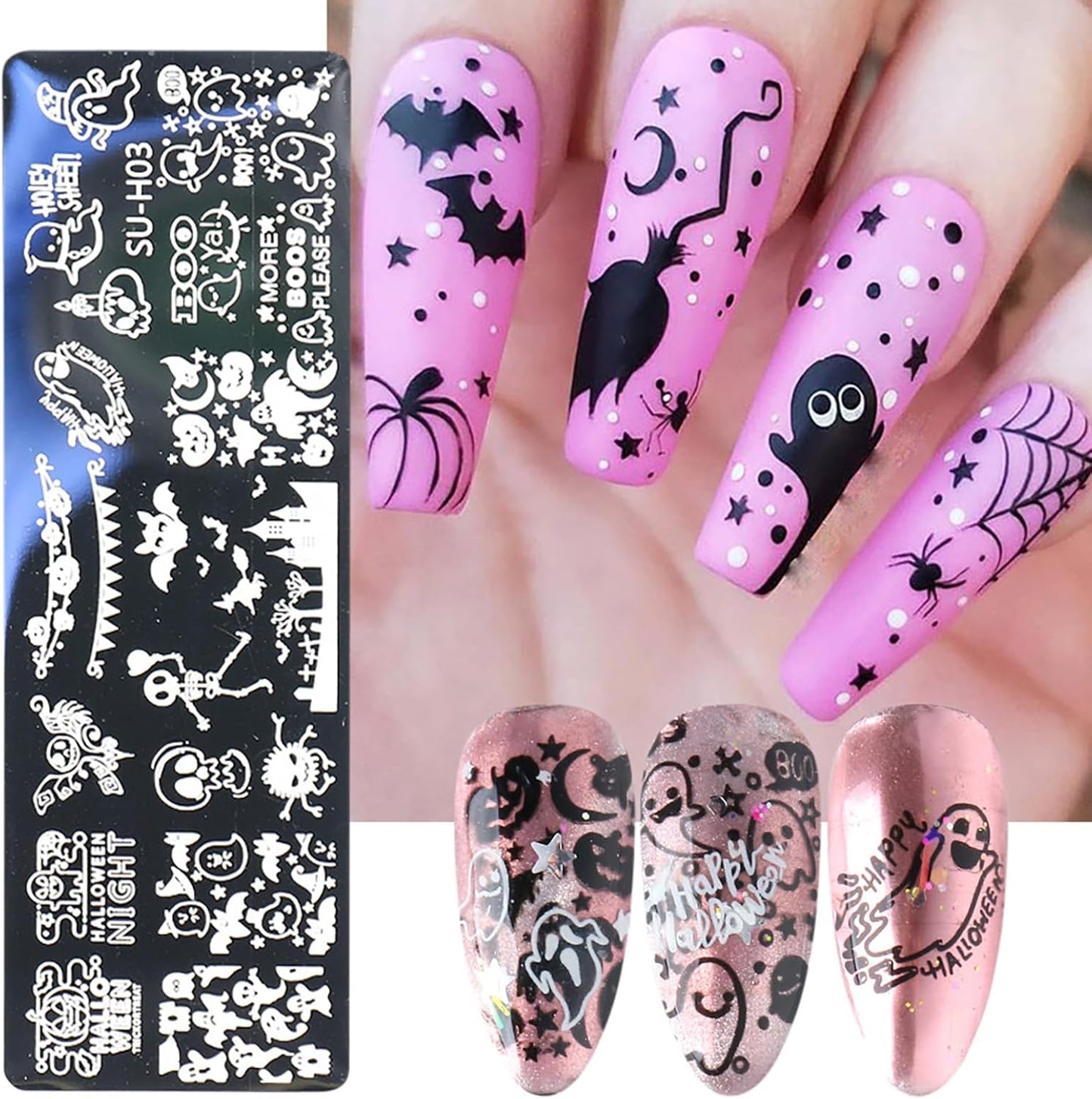Halloween Nail Stamping Plate Art Stamping Kits DIY Printing Tools with Pumpkin Bat Witch Spider Owl Ghost Face Design Fashion Nail Stamp Art Decoration for Women 6Pcs-Velvo Beauty