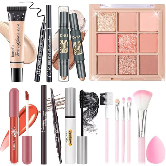 Makeup Set Kit for Women Girls Teens, Makeup Present Set, Includes 9 Color Eyeshadow, Counter Stick, Foundation, Eyebrow Pencil, Eyeliner, Mascara, Lip Gloss, 5Pcs Brushes, Sponge-Velvo Beauty