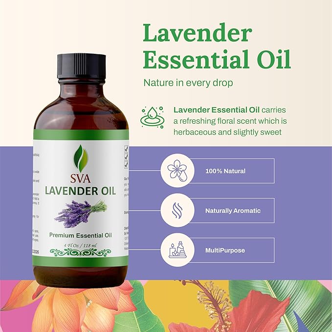 SVA Lavender Essential Oil – 4 Fl Oz – 100% Natural Lavender Oil - for Diffuser, Hair Care, Face, Skin Care, Aromatherapy, Scalp and Body Massage, Soap and Candle Making – with Dropper-Velvo Beauty